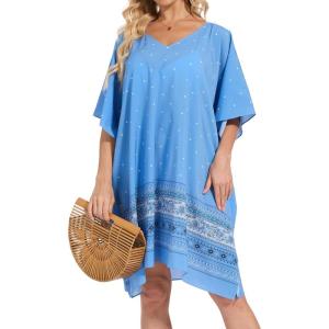 Moss Rose Beach Kaftan Dresses for Women V Neck Summer Swimsuit Cover up Beach Vacation Clothing(Blue)