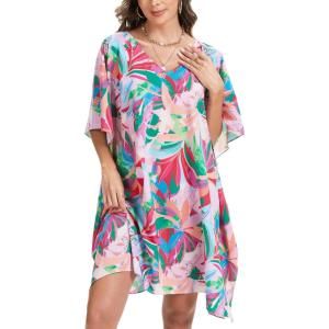 Moss Rose Beach Kaftan Dresses for Women V Neck Summer Swimsuit Cover up Beach Vacation Clothing(Pink)