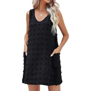 Moss Rose Beach Vacation Clothes for Women Sundresses Swiss Polka Dot Beach Cover Up V Neck Tank Dress with Pockets(Black)