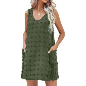 Moss Rose Beach Vacation Clothes for Women Sundresses Swiss Polka Dot Beach Cover Up V Neck Tank Dress with Pockets(Green)