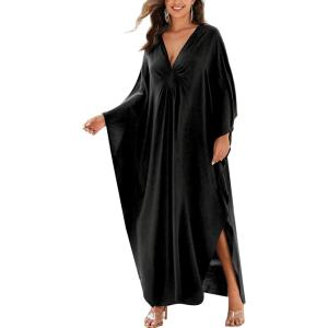 Moss Rose Caftan Coverup Dresses for Women V Neck Summer Swimsuit Kaftan Plus Size Maxi Beach Vacation Clothes(A-black)