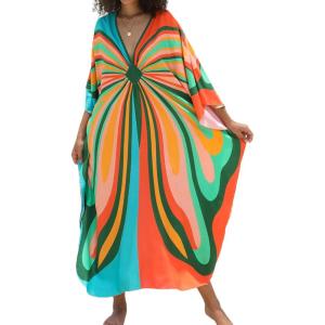 Moss Rose Caftan Coverup Dresses for Women V Neck Summer Swimsuit Kaftan Plus Size Maxi Beach Vacation Clothes(B Colorful Butterfly 2)