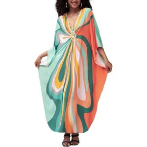 Moss Rose Caftan Coverup Dresses for Women V Neck Summer Swimsuit Kaftan Plus Size Maxi Beach Vacation Clothes(B Colorful Lines)