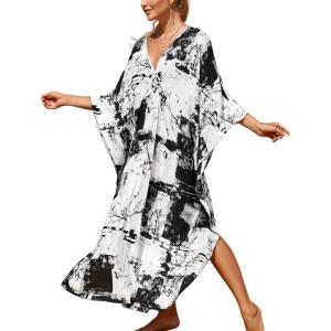 Moss Rose Caftan Coverup Dresses for Women V Neck Summer Swimsuit Kaftan Plus Size Maxi Beach Vacation Clothes(B-black*)