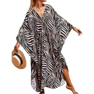 Moss Rose Caftan Coverup Dresses for Women V Neck Summer Swimsuit Kaftan Plus Size Maxi Beach Vacation Clothes(B-black Zebra)
