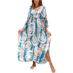 Moss Rose Caftan Coverup Dresses for Women V Neck Summer Swimsuit Kaftan Plus Size Maxi Beach Vacation Clothes(B-blue Brown)