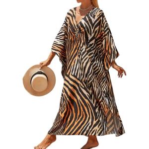 Moss Rose Caftan Coverup Dresses for Women V Neck Summer Swimsuit Kaftan Plus Size Maxi Beach Vacation Clothes(B-brown Zebra)