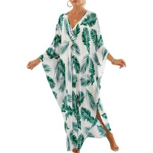 Moss Rose Caftan Coverup Dresses for Women V Neck Summer Swimsuit Kaftan Plus Size Maxi Beach Vacation Clothes(B-green Leaf)