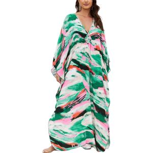 Moss Rose Caftan Coverup Dresses for Women V Neck Summer Swimsuit Kaftan Plus Size Maxi Beach Vacation Clothes(B-green Pink)