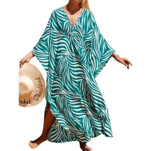 Moss Rose Caftan Coverup Dresses for Women V Neck Summer Swimsuit Kaftan Plus Size Maxi Beach Vacation Clothes(B-green Zebra)