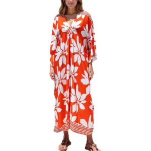 Moss Rose Caftan Coverup Dresses for Women V Neck Summer Swimsuit Kaftan Plus Size Maxi Beach Vacation Clothes(B-orange White)