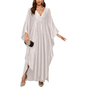 Moss Rose Caftan Coverup Dresses for Women V Neck Summer Swimsuit Kaftan Plus Size Maxi Beach Vacation Clothes(C White)
