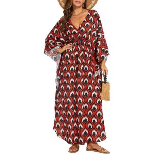 Moss Rose Kaftan Dresses for Women V Neck Summer Swimsuit Cover up Caftan Maxi Beach Dresses(A-black Flower*)