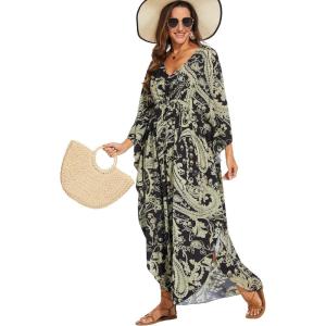 Moss Rose Kaftan Dresses for Women V Neck Summer Swimsuit Cover up Caftan Maxi Beach Dresses(A-black Green)