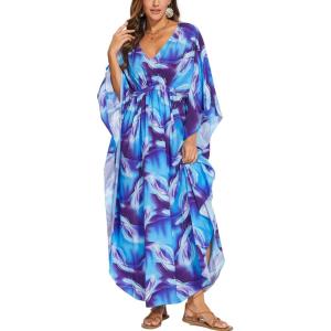 Moss Rose Kaftan Dresses for Women V Neck Summer Swimsuit Cover up Caftan Maxi Beach Dresses(A-blue)