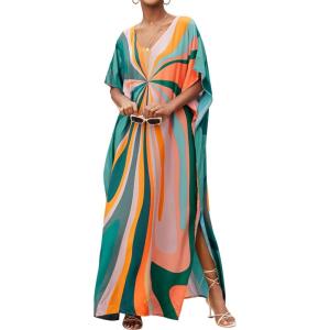 Moss Rose Kaftan Dresses for Women V Neck Summer Swimsuit Cover up Caftan Maxi Beach Dresses(A-butterfly)