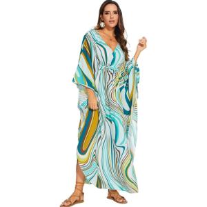 Moss Rose Kaftan Dresses for Women V Neck Summer Swimsuit Cover up Caftan Maxi Beach Dresses(A-green Print)