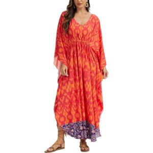 Moss Rose Kaftan Dresses for Women V Neck Summer Swimsuit Cover up Caftan Maxi Beach Dresses(A-orange)