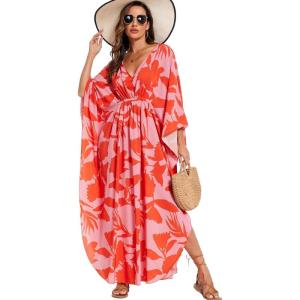 Moss Rose Kaftan Dresses for Women V Neck Summer Swimsuit Cover up Caftan Maxi Beach Dresses(A-red)