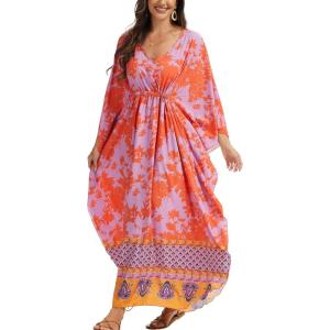 Moss Rose Kaftan Dresses for Women V Neck Summer Swimsuit Cover up Caftan Maxi Beach Dresses(A-red Purple)