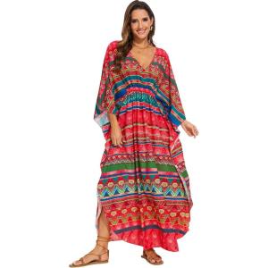 Moss Rose Kaftan Dresses for Women V Neck Summer Swimsuit Cover up Caftan Maxi Beach Dresses(B-red Print)