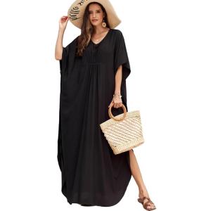 Moss Rose Kaftan Dresses for Women V Neck Summer Swimsuit Cover up Caftan Maxi Beach Dresses(C-black)