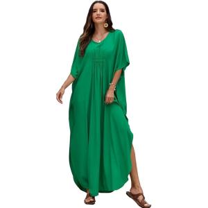 Moss Rose Kaftan Dresses for Women V Neck Summer Swimsuit Cover up Caftan Maxi Beach Dresses(C-dark Green)