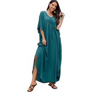 Moss Rose Kaftan Dresses for Women V Neck Summer Swimsuit Cover up Caftan Maxi Beach Dresses(C-peacock Blue*)
