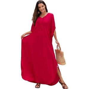 Moss Rose Kaftan Dresses for Women V Neck Summer Swimsuit Cover up Caftan Maxi Beach Dresses(C-red)