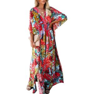 Moss Rose Kaftan Dresses for Women V Neck Summer Swimsuit Cover up Caftan Maxi Beach Dresses(C-red Floral)