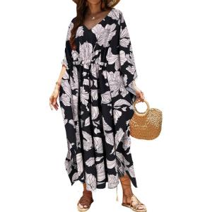 Moss Rose Kaftan Dresses for Women V Neck Summer Swimsuit Cover up Caftan Maxi Beach Dresses(D Black Beige)