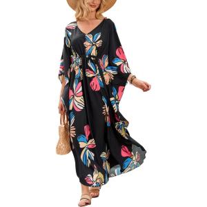 Moss Rose Kaftan Dresses for Women V Neck Summer Swimsuit Cover up Caftan Maxi Beach Dresses(D Black Colorful Flower)