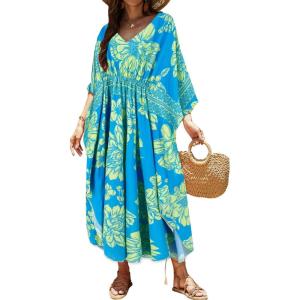 Moss Rose Kaftan Dresses for Women V Neck Summer Swimsuit Cover up Caftan Maxi Beach Dresses(D Blue Yellow)