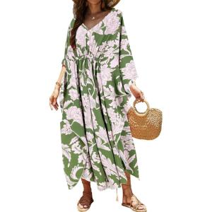 Moss Rose Kaftan Dresses for Women V Neck Summer Swimsuit Cover up Caftan Maxi Beach Dresses(D Green Pink)
