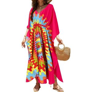 Moss Rose Kaftan Dresses for Women V Neck Summer Swimsuit Cover up Caftan Maxi Beach Dresses(D Hot Pink)