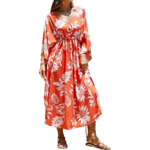 Moss Rose Kaftan Dresses for Women V Neck Summer Swimsuit Cover up Caftan Maxi Beach Dresses(D Orange Red)