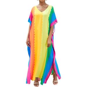 Moss Rose Kaftan Dresses for Women V Neck Summer Swimsuit Cover up Caftan Maxi Beach Dresses(E Colorful 2)
