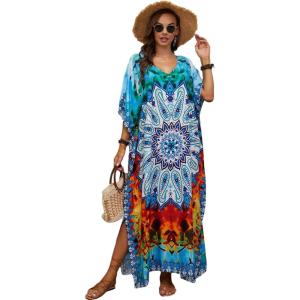 Moss Rose Kaftan Dresses for Women V Neck Summer Swimsuit Cover up Caftan Maxi Beach Dresses(E Colorful 6)