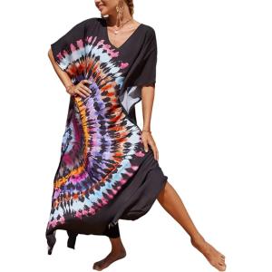 Moss Rose Kaftan Dresses for Women V Neck Summer Swimsuit Cover up Caftan Maxi Beach Dresses(E Colorful 8*)