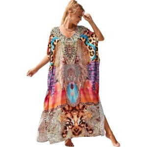 Moss Rose Kaftan Dresses for Women V Neck Summer Swimsuit Cover up Caftan Maxi Beach Dresses(E Khaki Floral)