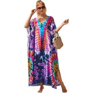 Moss Rose Kaftan Dresses for Women V Neck Summer Swimsuit Cover up Caftan Maxi Beach Dresses(E Purple Floral)