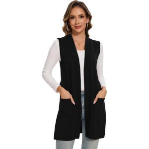 Moss Rose Long Vest for Women Sleeveless Cardigans Ribbed Knit Outwear with Belt and Pockets(Black)