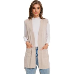 Moss Rose Long Vest for Women Sleeveless Cardigans Ribbed Knit Outwear with Belt and Pockets(Khaki)