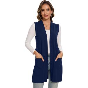 Moss Rose Long Vest for Women Sleeveless Cardigans Ribbed Knit Outwear with Belt and Pockets(Navy)