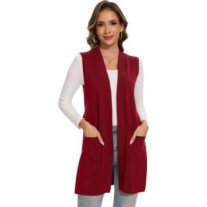 Moss Rose Long Vest for Women Sleeveless Cardigans Ribbed Knit Outwear with Belt and Pockets(Wine Red)