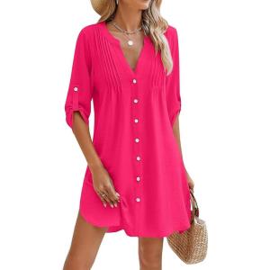 Moss Rose Women Beach Cover Ups V Neck Button Down Swimsuit Coverup Swimwear Bathing Suit Cover Up(Rose Red)