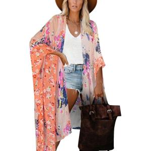 Moss Rose Women Summer Bikini Kimono Bathing Suit Cover Ups for Swimwear(A Peach Floral)