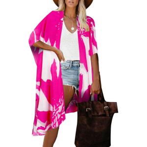 Moss Rose Women Summer Bikini Kimono Bathing Suit Cover Ups for Swimwear(A Rose Red White)