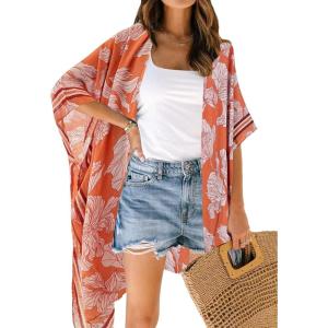 Moss Rose Women Summer Bikini Kimono Bathing Suit Cover Ups for Swimwear(B Orange Burgundy)