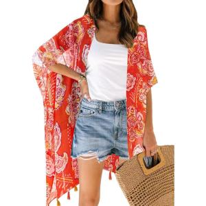 Moss Rose Women Summer Bikini Kimono Bathing Suit Cover Ups for Swimwear(D Orange White Flower)